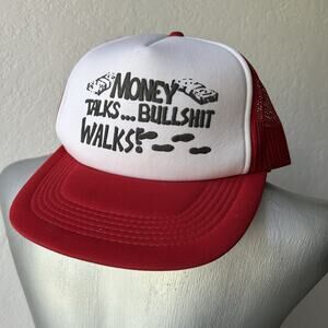 Vtg Money Talks Bull$hit Walks Trucker Hat Mesh Snapback Red White Kitsch Dad